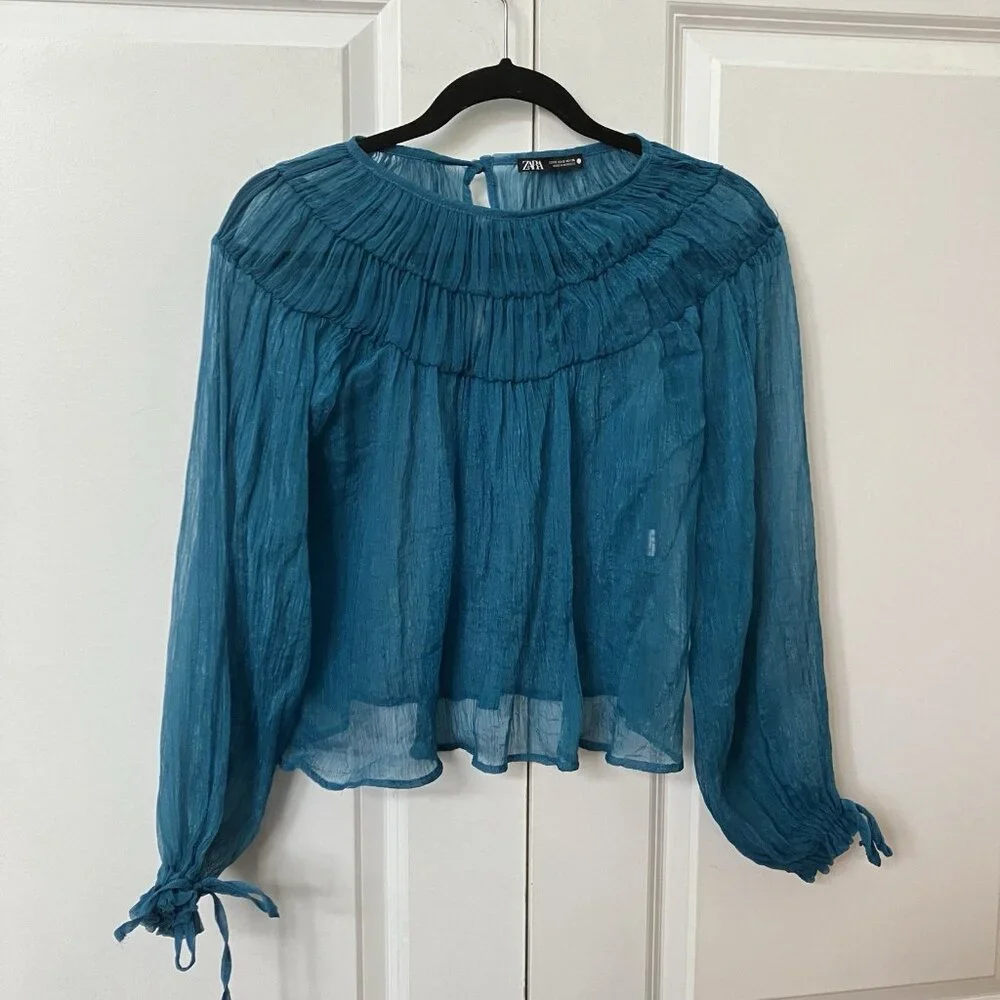 Zara Sheer Chiffon Crop Blouse Womens S Blue Gathered Whimsigoth‎ Dark Romantic - Picture 2 of 7